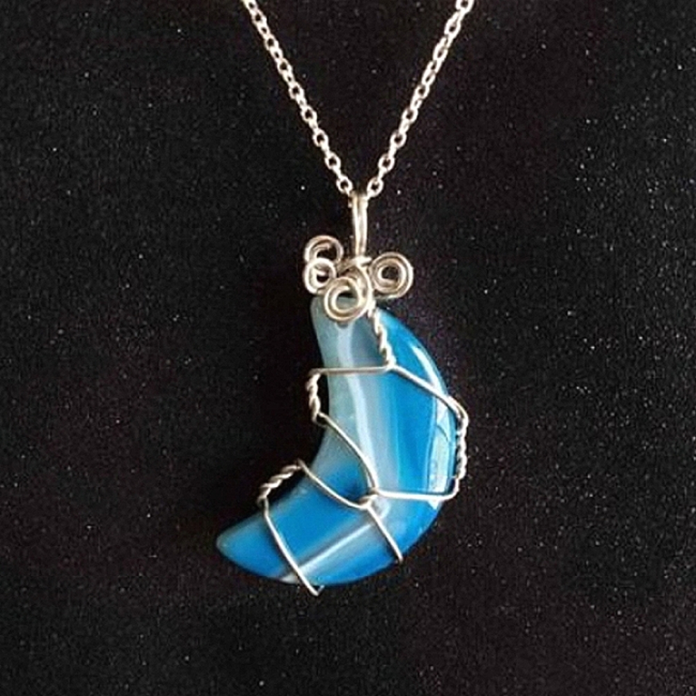 Blue agate crescent moon wire wrapped pendant on 24" silver necklace new